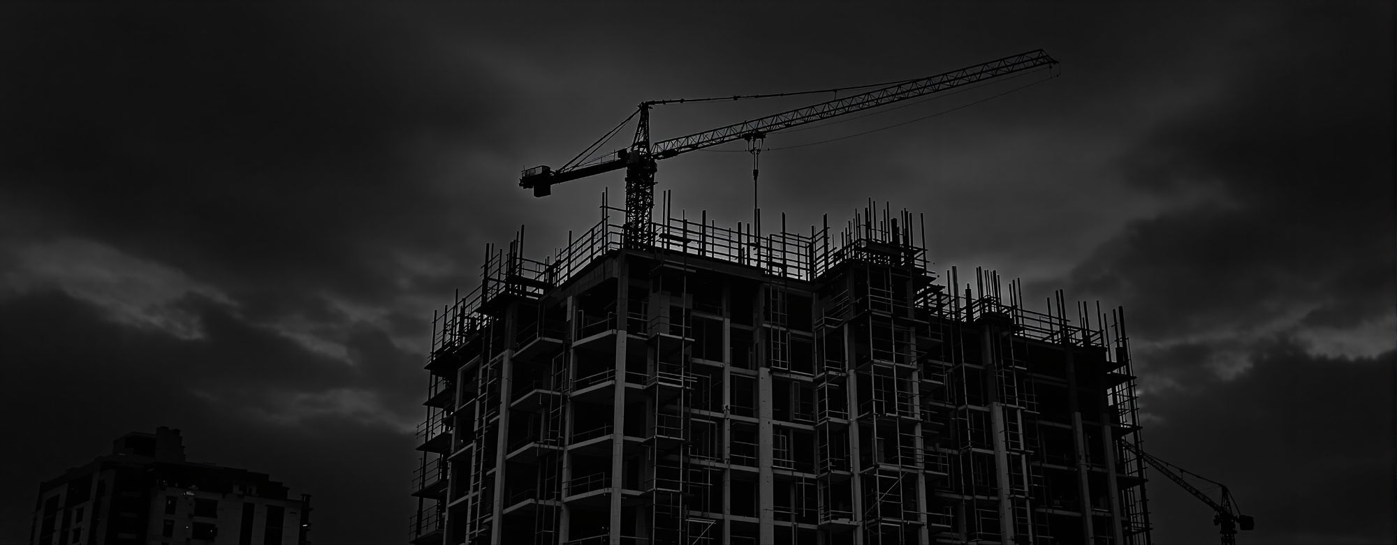 Estructura de un edificio de viviendas en construcción al anochecer, con la
        silueta de una grúa torre recortada contra el cielo.